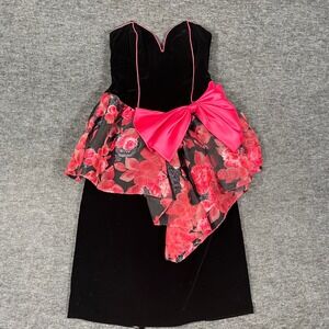 Vintage 80s Black Velvet Strapless Dress Pink Floral Peplum Statement Bow Mini